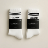 Celvian white crew socks 6-Pair Set, black logo and stripe design with branded packaging, “Stay active. Stay inspired. Stay Celvian.” text, minimalist studio photo.