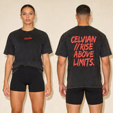 Front and back view of the Celvian No Limits T-Shirt in washed black, shown on a woman from the front and a man from the back with the bold red ‘CELVIAN // RISE ABOVE LIMITS.’ graphic.