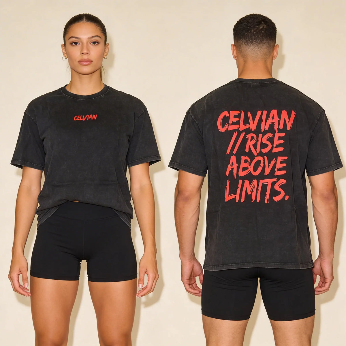 Front and back view of the Celvian No Limits T-Shirt in washed black, shown on a woman from the front and a man from the back with the bold red ‘CELVIAN // RISE ABOVE LIMITS.’ graphic.