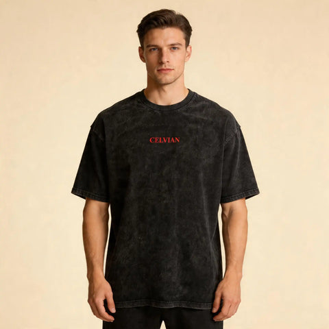 Male model wearing the Celvian Obsidian Global Vision T-Shirt in a washed black finish, shown from the front with a minimal red chest logo in a clean studio setting.