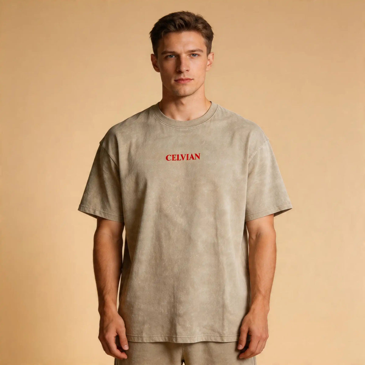 Male model wearing the Celvian Sandstone Global Vision T-Shirt in a washed beige finish, shown from the front with an oversized fit and minimal red CELVIAN chest logo.