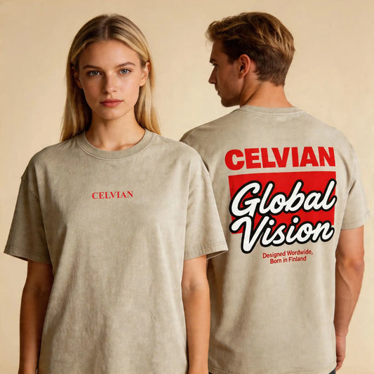 Female and male models wearing the Celvian Sandstone Global Vision T-Shirt in a washed beige finish, shown from the front and back with an oversized fit, red chest logo, and bold red, white, and black Global Vision back graphic. 2048