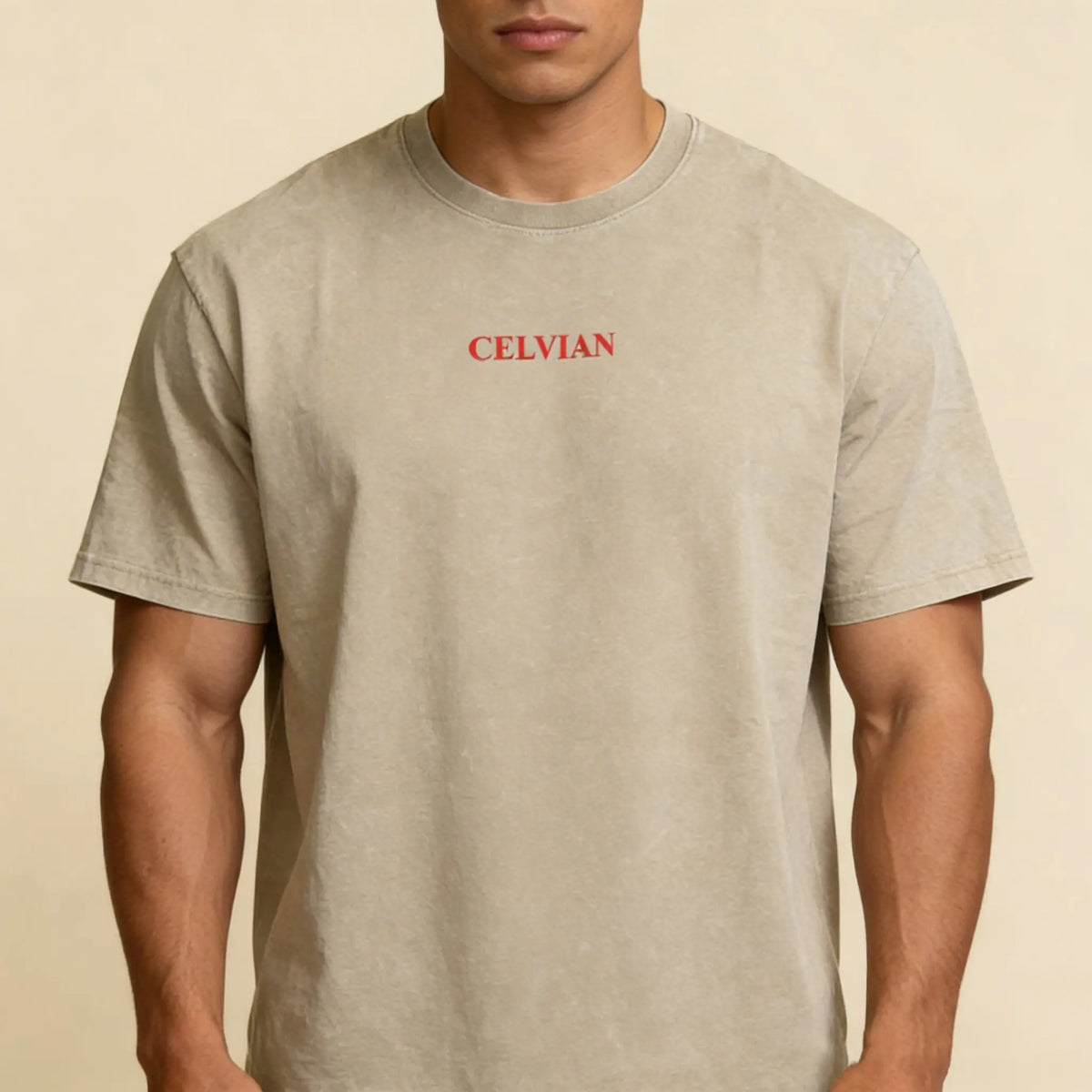 Close-up front view of the Celvian Stay Driven T-Shirt in washed beige, featuring a small red CELVIAN chest logo, oversized fit, and clean minimal design.