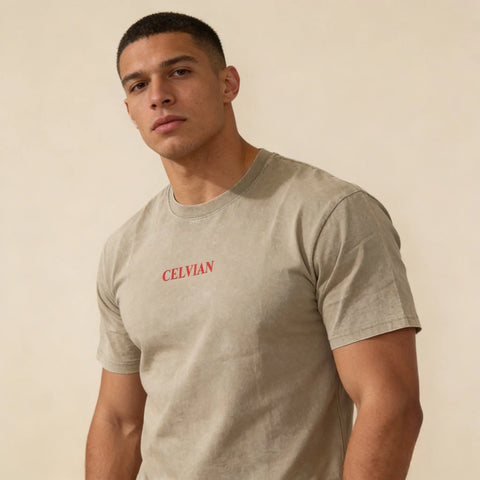 Male model wearing the Celvian Stay Driven T-Shirt in a washed beige finish, shown from the front with a minimal red CELVIAN chest logo.